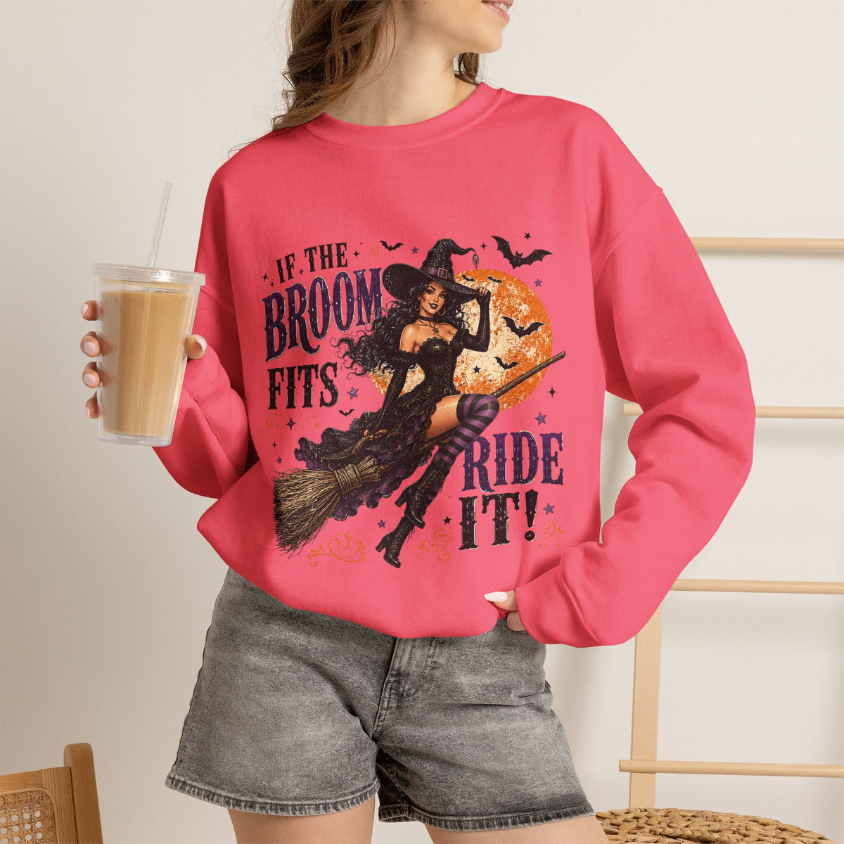 Witchy Halloween Crewneck Sweatshirt — 'If the Broom Fits Ride It' Vintage Pin-Up Design