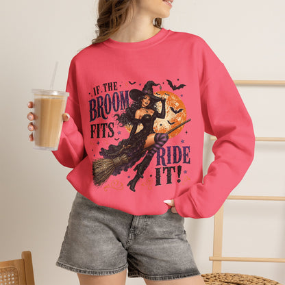 Witchy Halloween Crewneck Sweatshirt — 'If the Broom Fits Ride It' Vintage Pin-Up Design