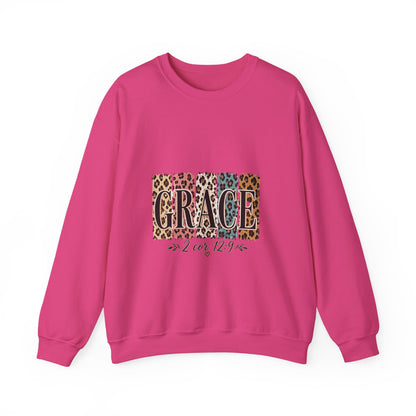 Grace Leopard Block Crewneck Sweatshirt – Inspirational Christian Scripture Design (2 Cor 12:9)