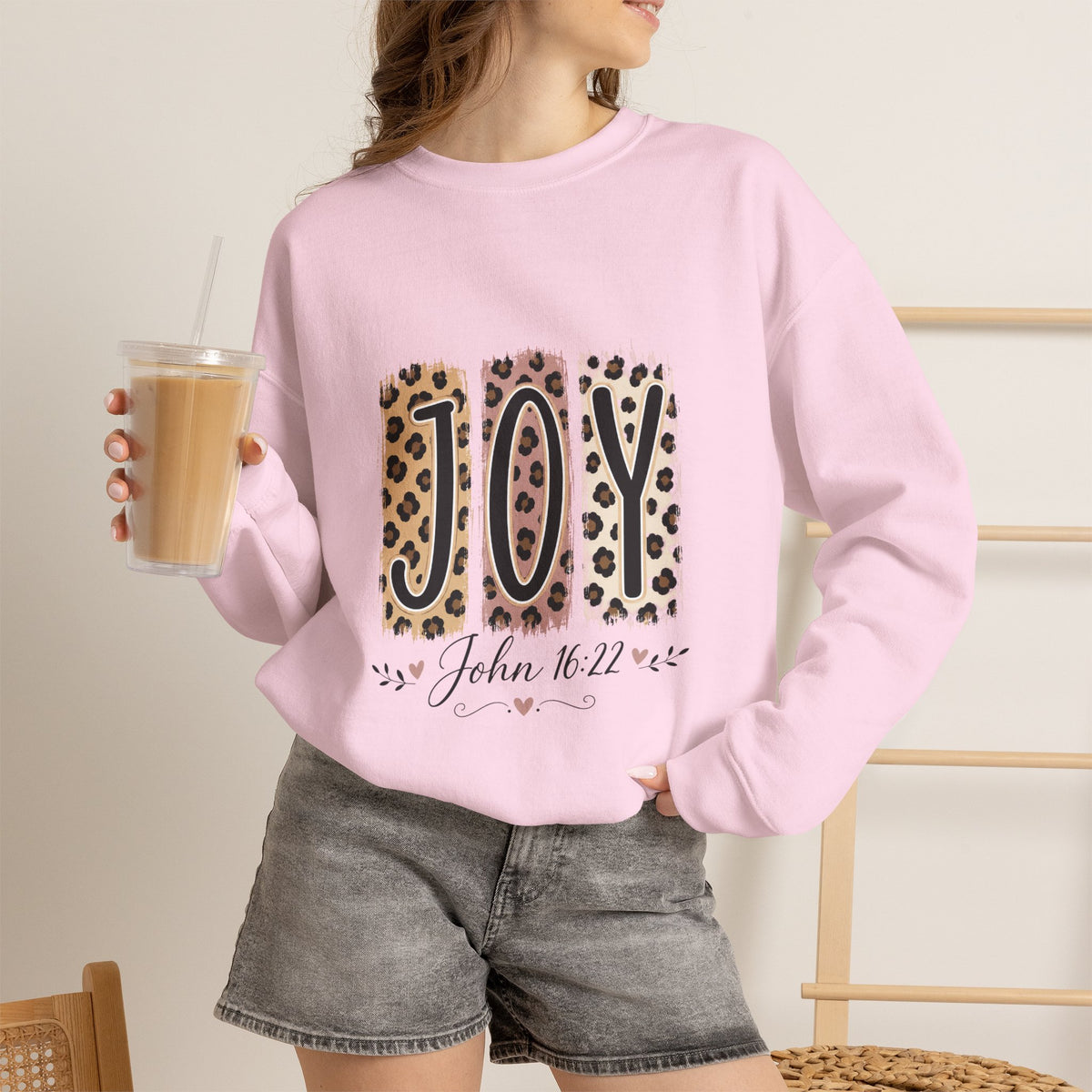Joy Leopard Print Sweatshirt — John 1:14 Scripture Holiday Crewneck