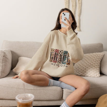 Grace Leopard Block Crewneck Sweatshirt – Inspirational Christian Scripture Design (2 Cor 12:9)