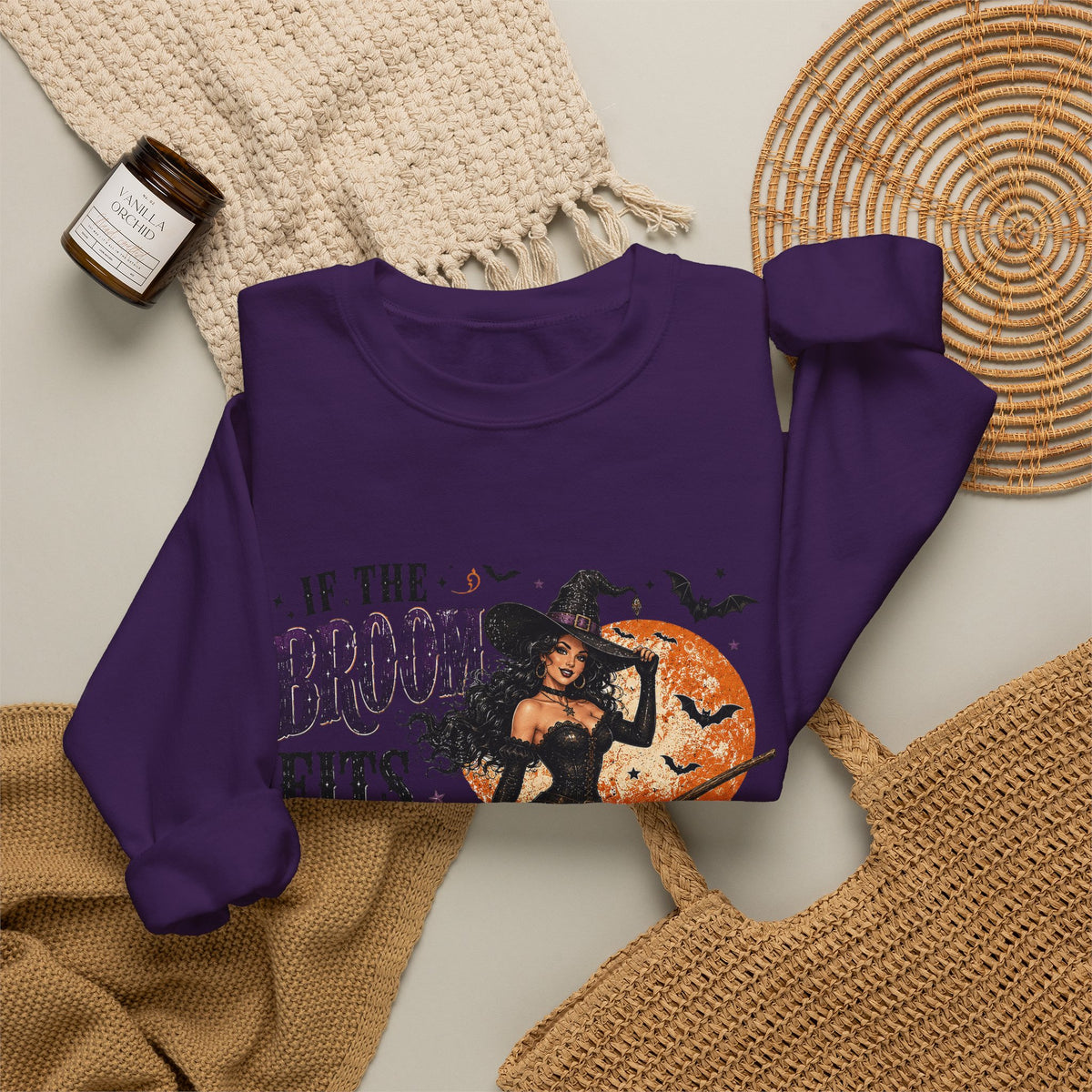 Witchy Halloween Crewneck Sweatshirt — 'If the Broom Fits Ride It' Vintage Pin-Up Design