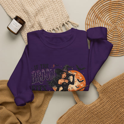 Witchy Halloween Crewneck Sweatshirt — 'If the Broom Fits Ride It' Vintage Pin-Up Design