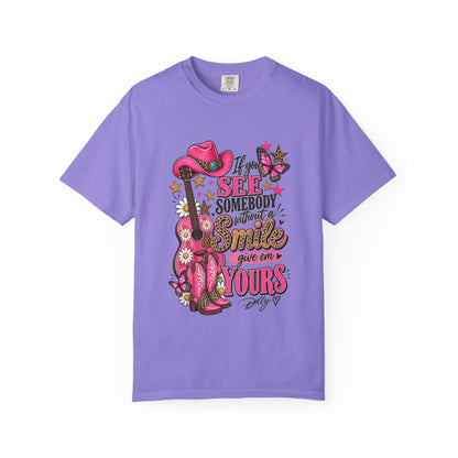 Dolly Cowgirl Guitar T‑Shirt — "If I See Somebody Smile You’re Yours" Graphic Tee