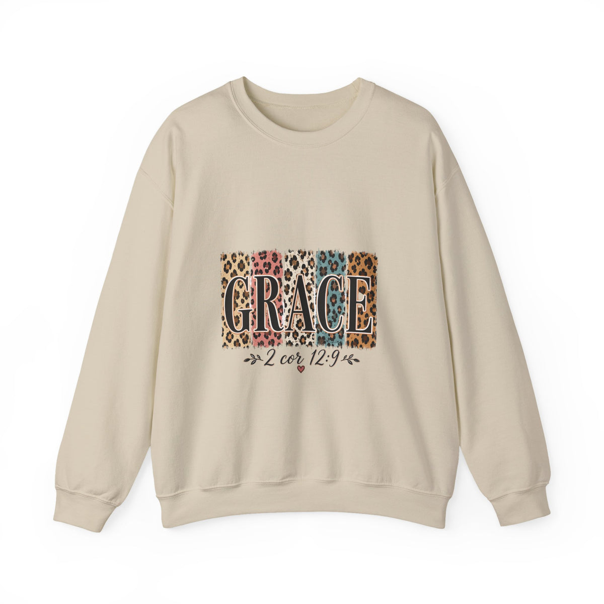 Grace Leopard Block Crewneck Sweatshirt – Inspirational Christian Scripture Design (2 Cor 12:9)