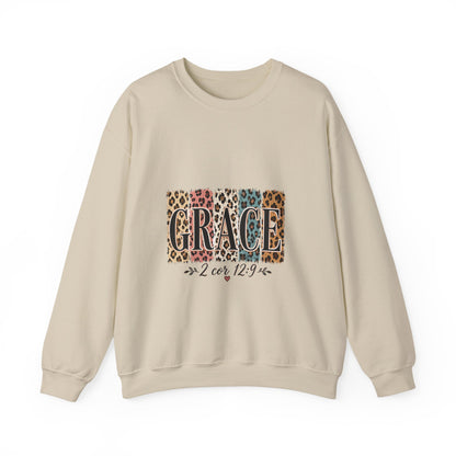 Grace Leopard Block Crewneck Sweatshirt – Inspirational Christian Scripture Design (2 Cor 12:9)