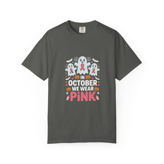 Breast Cancer Halloween Ghost T-Shirt — "In October We Wear Pink"