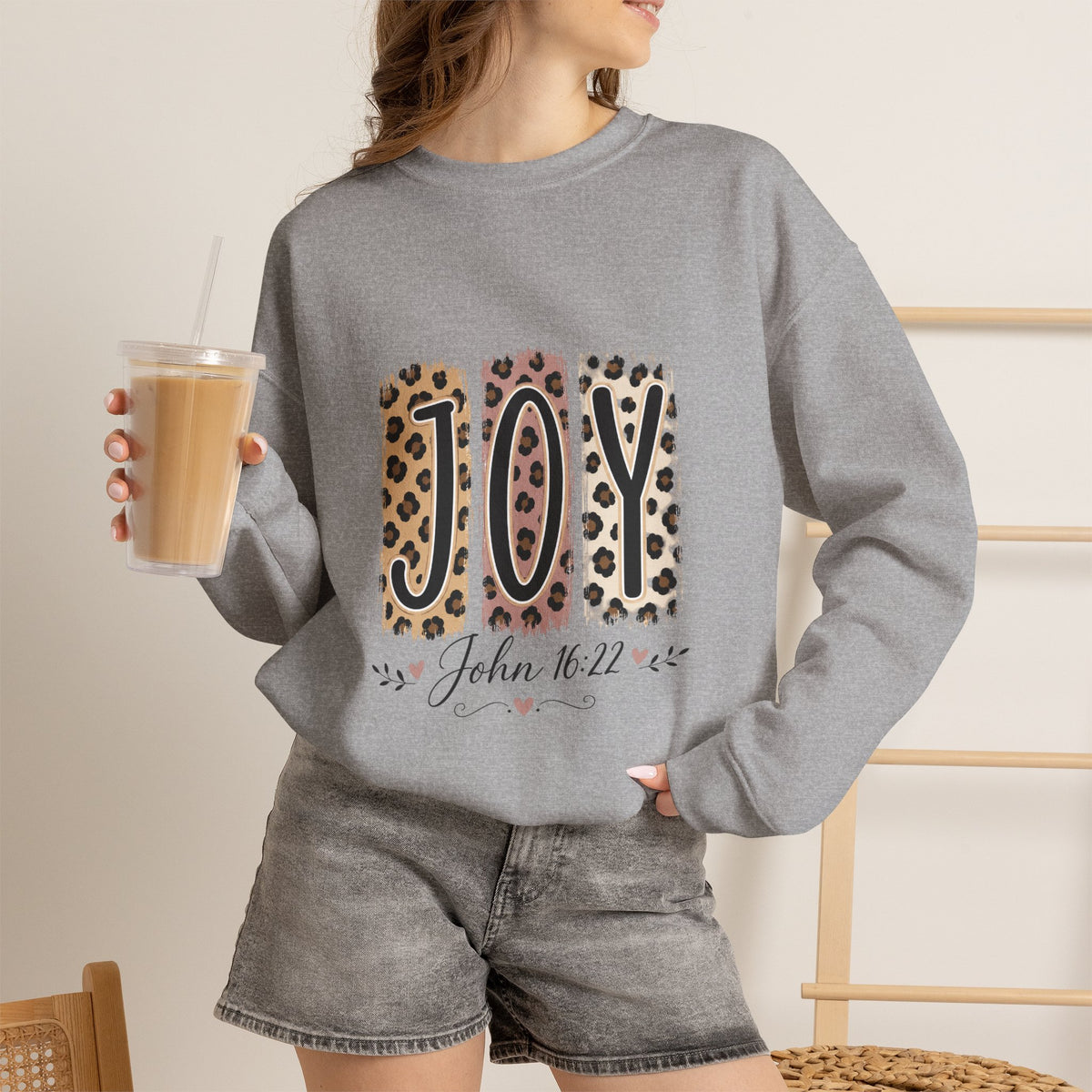 Joy Leopard Print Sweatshirt — John 1:14 Scripture Holiday Crewneck