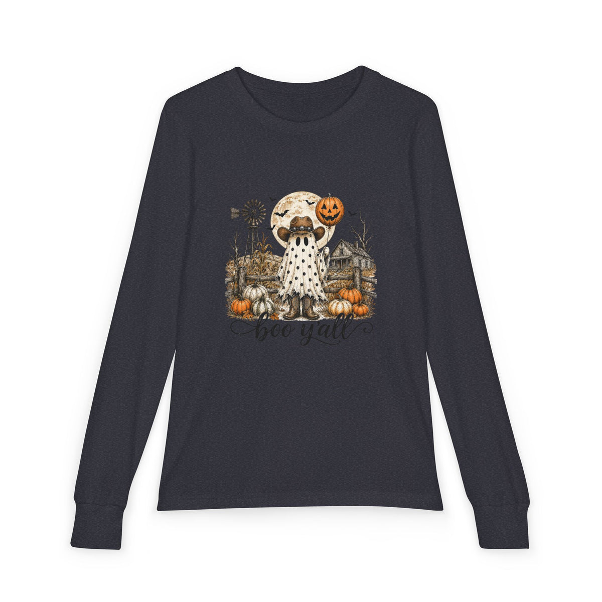Youth Long Sleeve Tee — Halloween Boo Y'all Ghost Dog Pumpkin Design