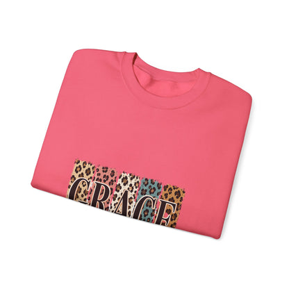 Grace Leopard Block Crewneck Sweatshirt – Inspirational Christian Scripture Design (2 Cor 12:9)
