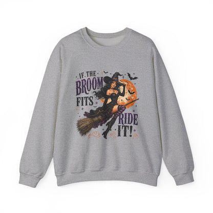 Witch on Broom Halloween Sweatshirt — “If the Broom Fits, Ride It!”