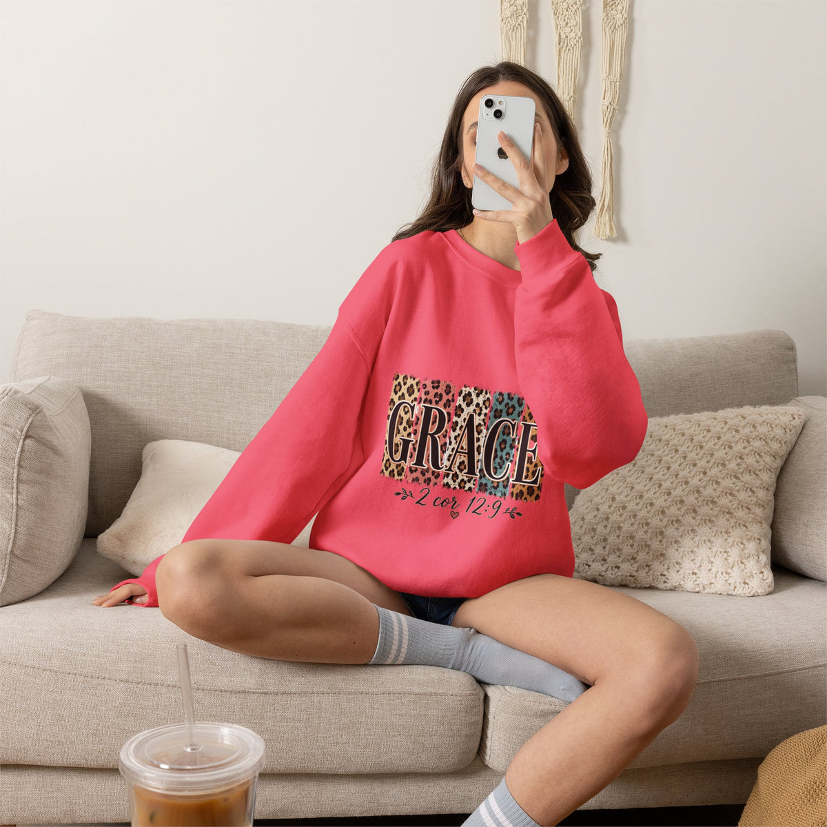 Grace Leopard Block Crewneck Sweatshirt – Inspirational Christian Scripture Design (2 Cor 12:9)