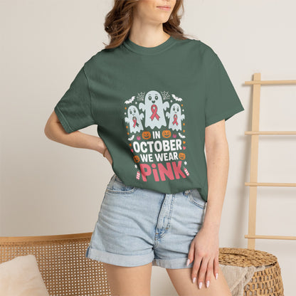 Breast Cancer Halloween Ghost T-Shirt — "In October We Wear Pink"