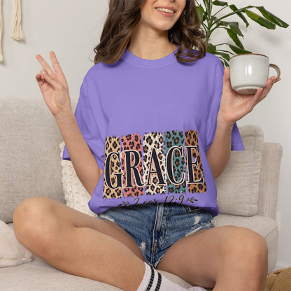 Grace Leopard Block T-Shirt — 2 Cor. 12:9 Christian Graphic Tee