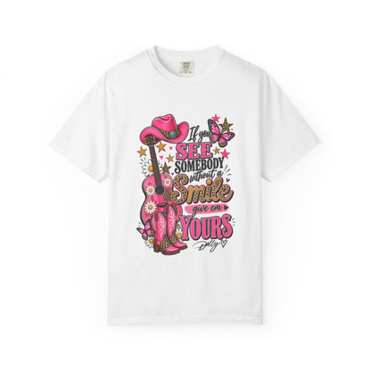 Dolly Cowgirl Guitar T‑Shirt — "If I See Somebody Smile You’re Yours" Graphic Tee