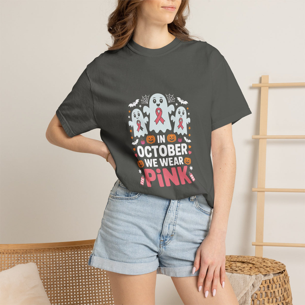 Breast Cancer Halloween Ghost T-Shirt — "In October We Wear Pink"