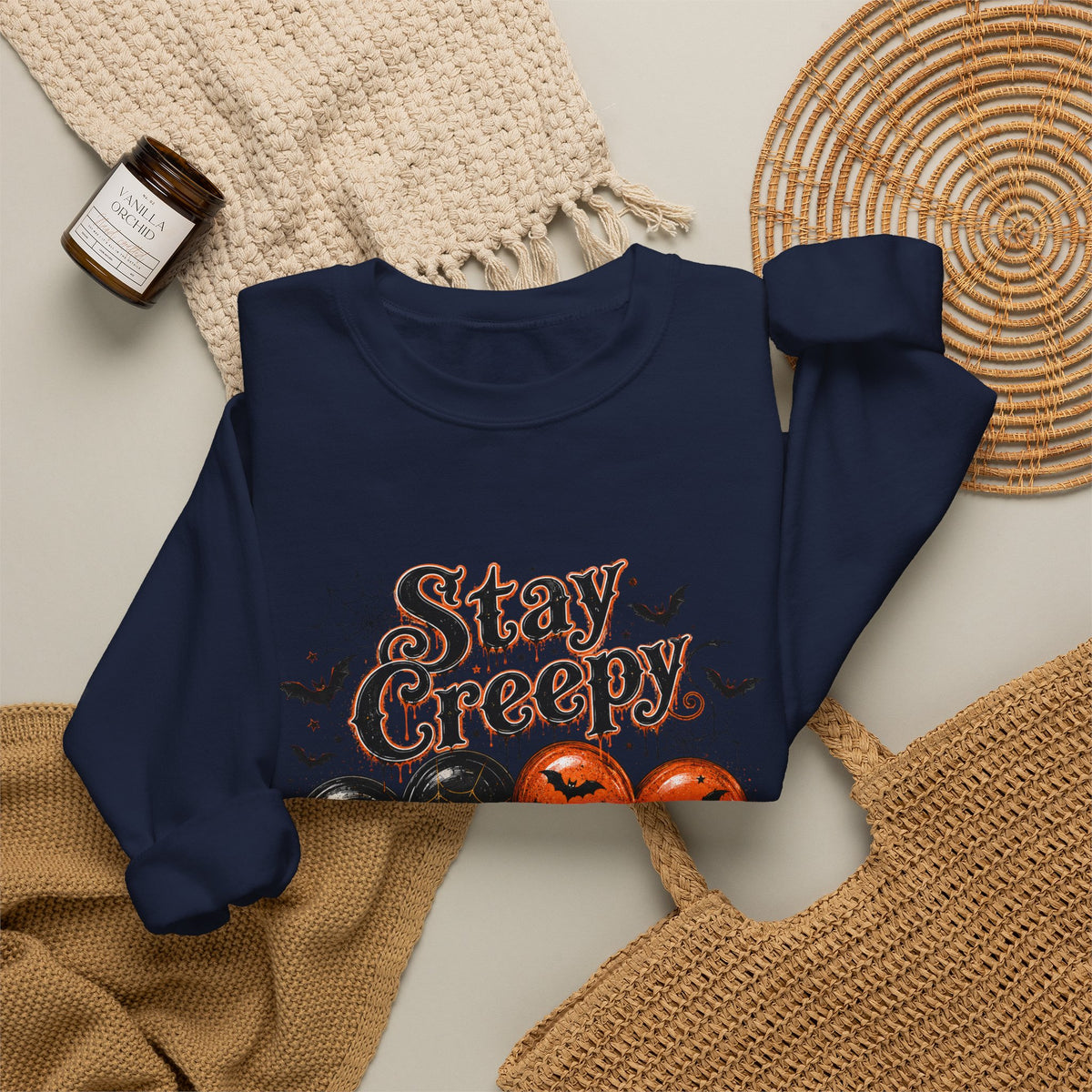 Stay Creepy Sweatshirt — Halloween Heart & Bats Cozy Crewneck