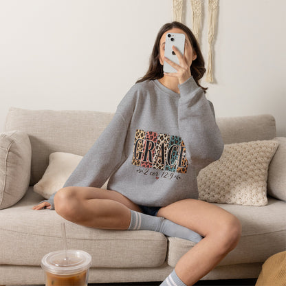 Grace Leopard Block Crewneck Sweatshirt – Inspirational Christian Scripture Design (2 Cor 12:9)