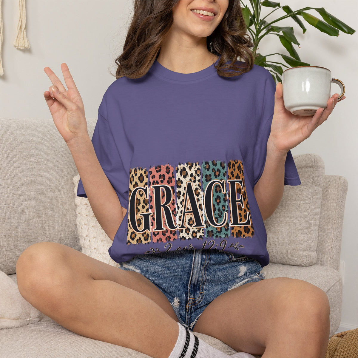 Grace Leopard Block T-Shirt — 2 Cor. 12:9 Christian Graphic Tee