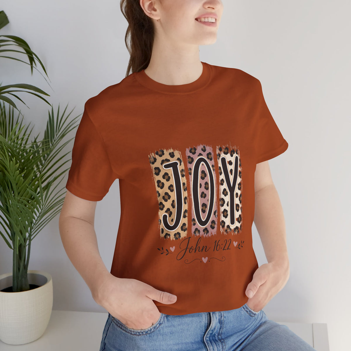 Joy Leopard Christian Tee — "JOY" with John 16:22 Scripture