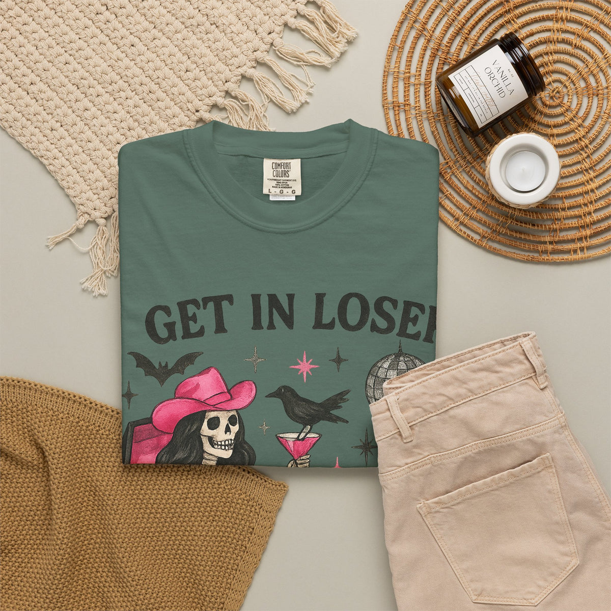 Get In Loser Skeleton Tee — Retro Gothic Witch Coffin Halloween T‑Shirt