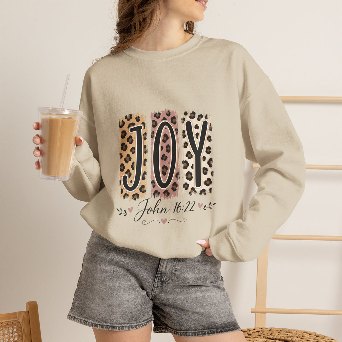Joy Leopard Print Sweatshirt — John 1:14 Scripture Holiday Crewneck