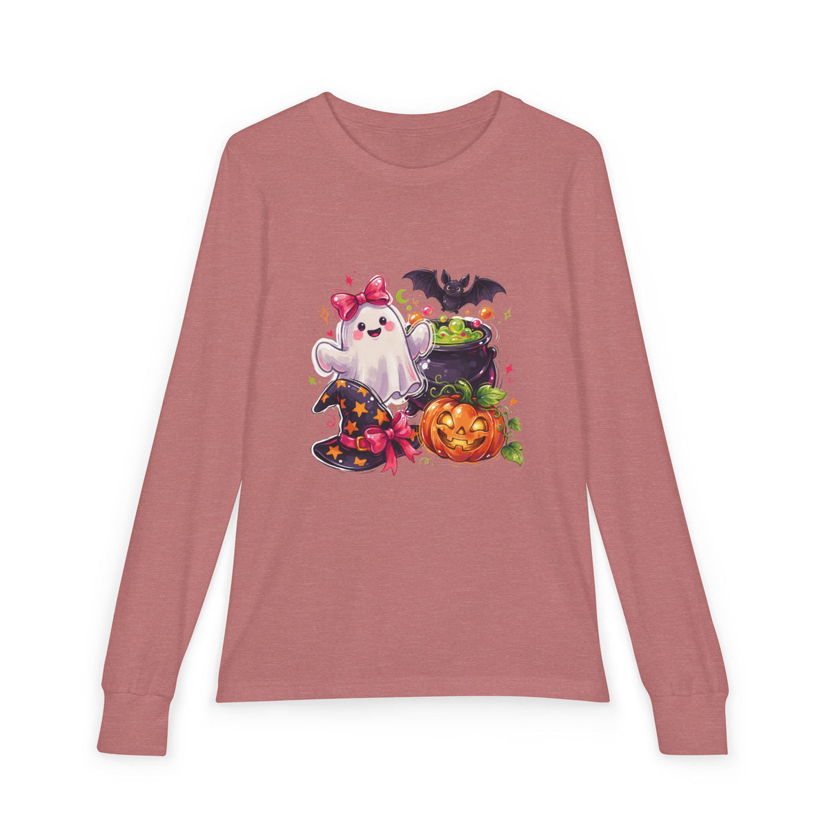 Kids Halloween Long Sleeve Tee — Cute Ghost, Pumpkin & Witch Hat Design