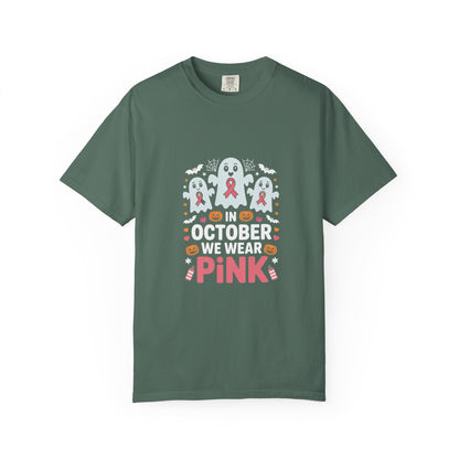 Breast Cancer Halloween Ghost T-Shirt — "In October We Wear Pink"