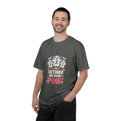Breast Cancer Halloween Ghost T-Shirt — "In October We Wear Pink"