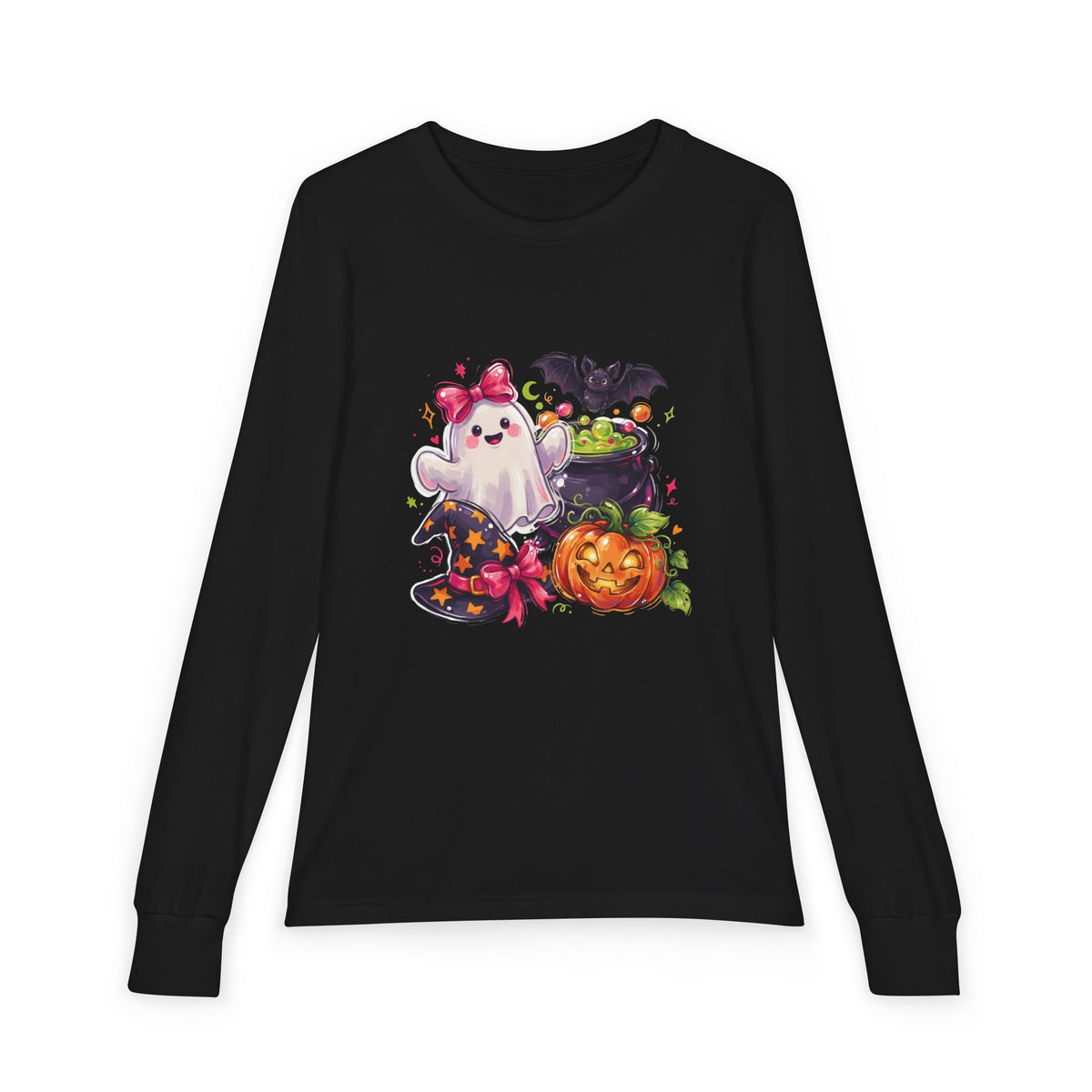 Kids Halloween Long Sleeve Tee — Cute Ghost, Pumpkin & Witch Hat Design