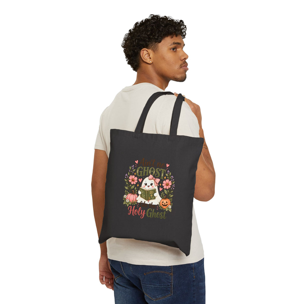 Ain't No Ghost Like the Holy Ghost Cotton Tote Bag — Cute Floral Pumpkin Bible Verse Tote